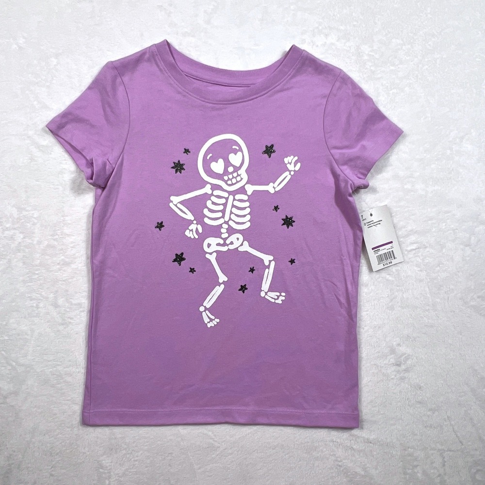 Jumping Beans Girls Purple Skeleton Heart Eyes Glitter Star Graphic Tee Size 7